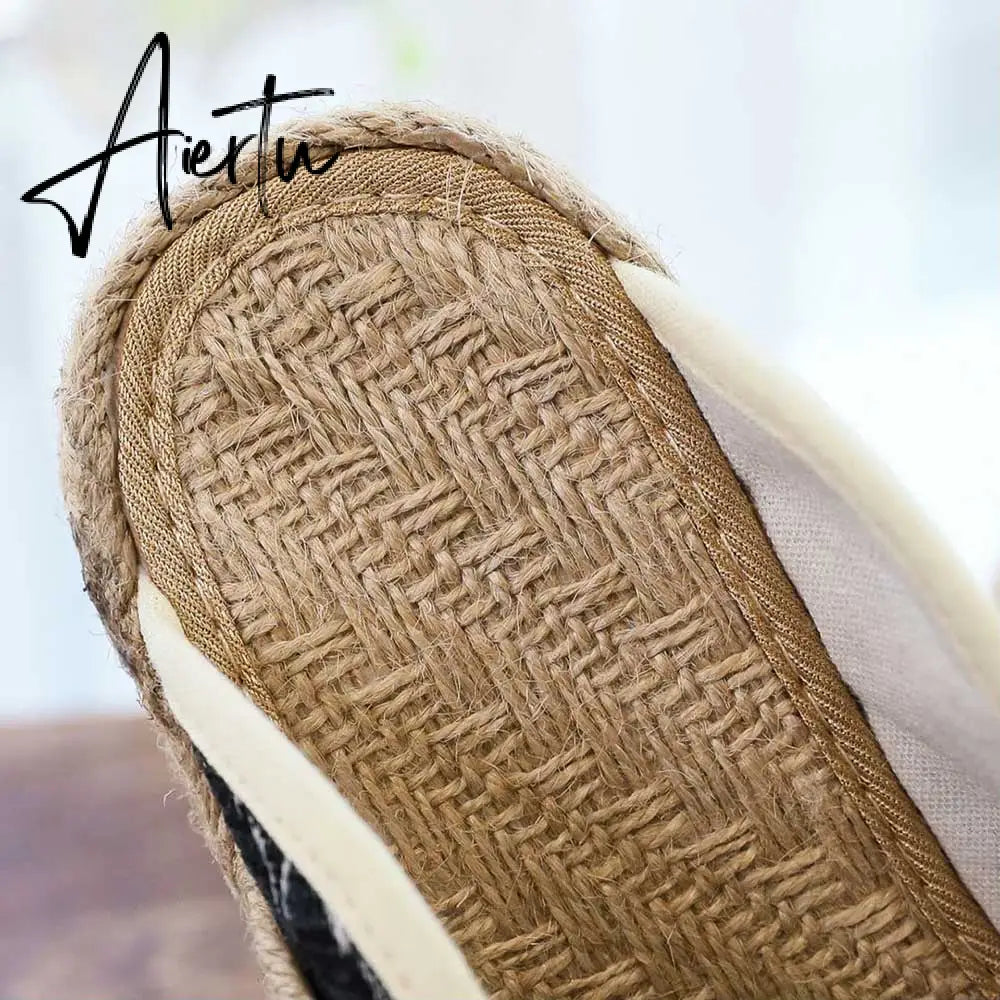 Aiertu   Rope Sole Women Handmade Canvas Close Toe Slippers Bohemian Ladies Casual Mule Espadrilles Summer Comfortable Flat Shoes Aiertu