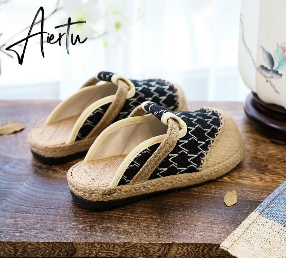 Aiertu   Rope Sole Women Handmade Canvas Close Toe Slippers Bohemian Ladies Casual Mule Espadrilles Summer Comfortable Flat Shoes Aiertu