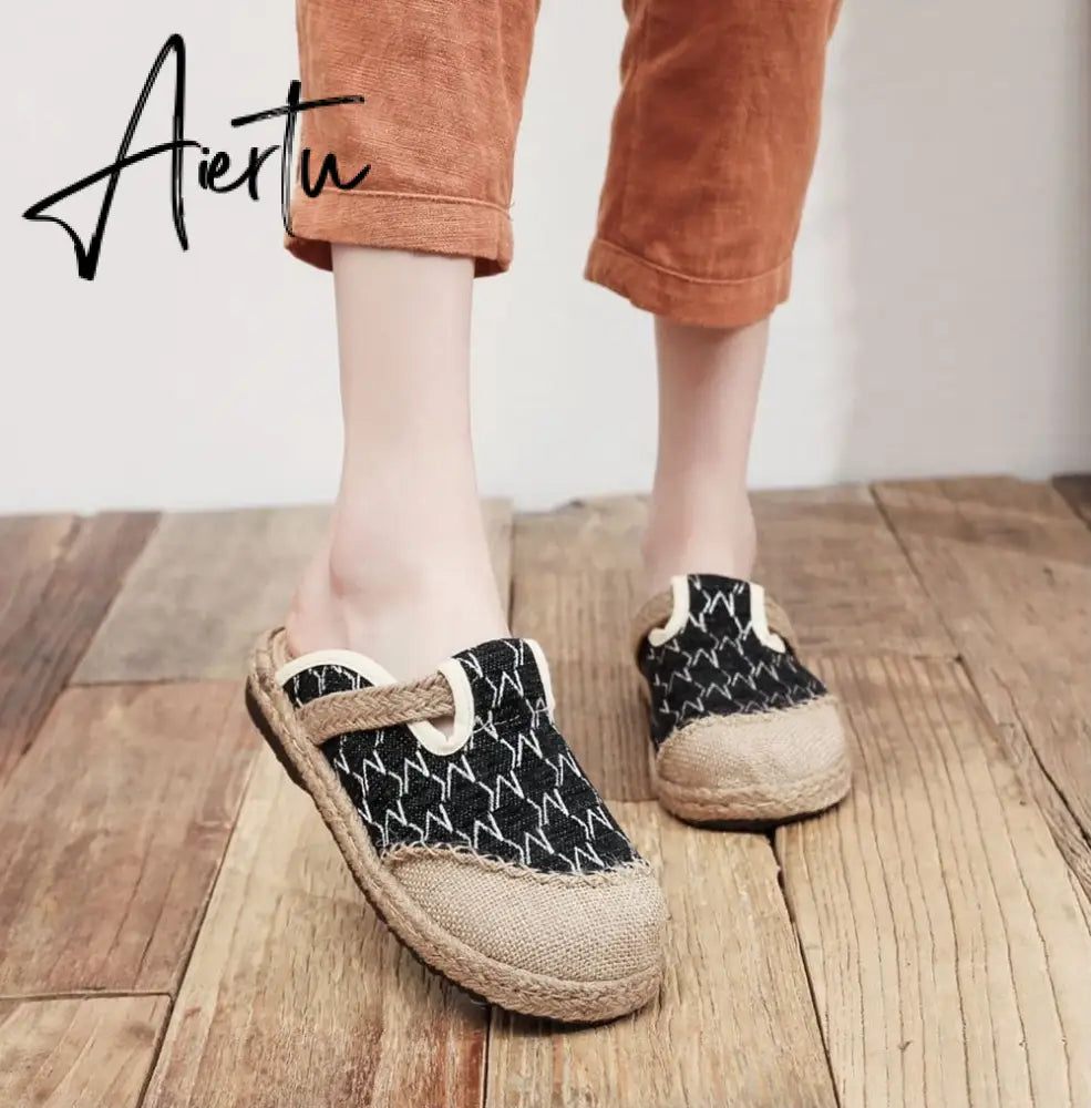 Aiertu   Rope Sole Women Handmade Canvas Close Toe Slippers Bohemian Ladies Casual Mule Espadrilles Summer Comfortable Flat Shoes Aiertu