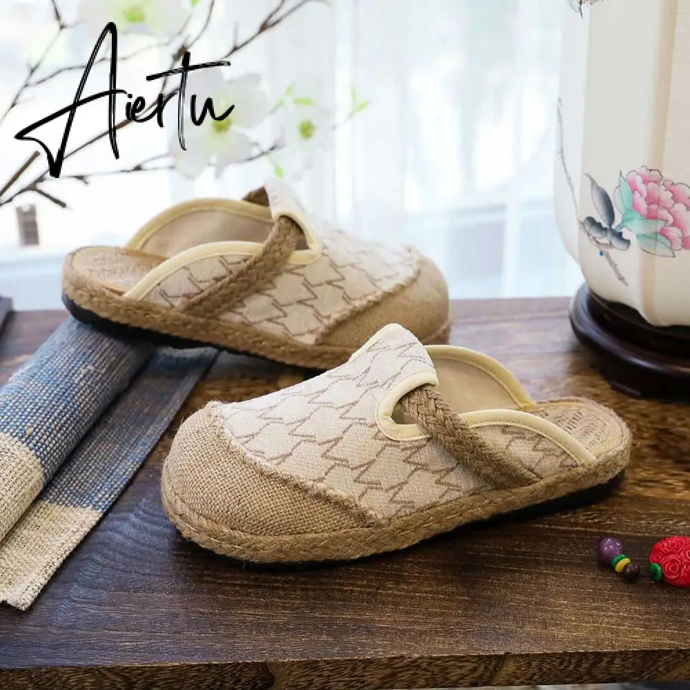 Aiertu   Rope Sole Women Handmade Canvas Close Toe Slippers Bohemian Ladies Casual Mule Espadrilles Summer Comfortable Flat Shoes Aiertu