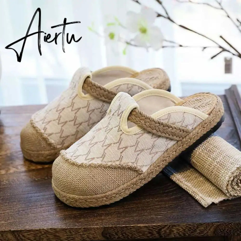 Aiertu   Rope Sole Women Handmade Canvas Close Toe Slippers Bohemian Ladies Casual Mule Espadrilles Summer Comfortable Flat Shoes Aiertu