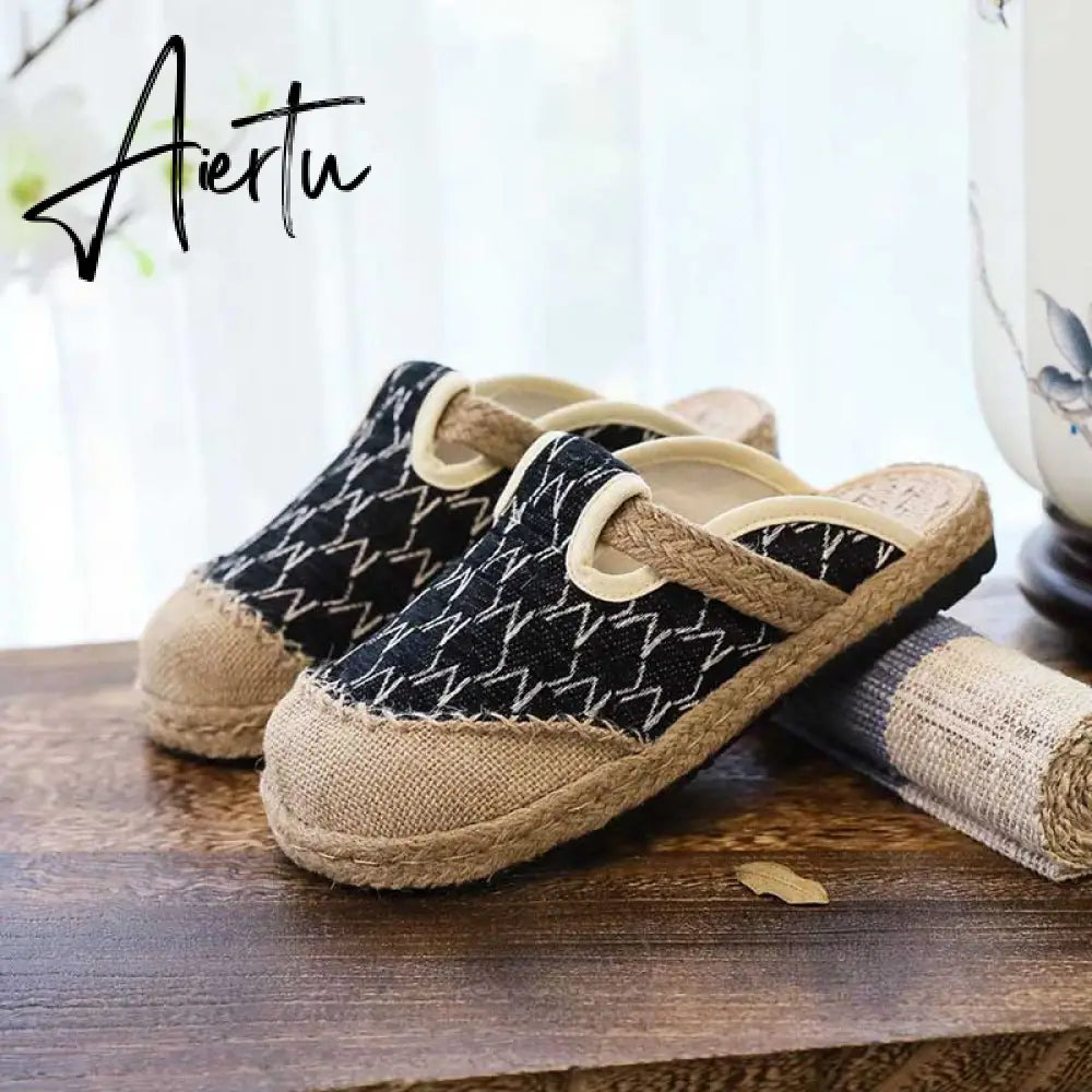Aiertu   Rope Sole Women Handmade Canvas Close Toe Slippers Bohemian Ladies Casual Mule Espadrilles Summer Comfortable Flat Shoes Aiertu