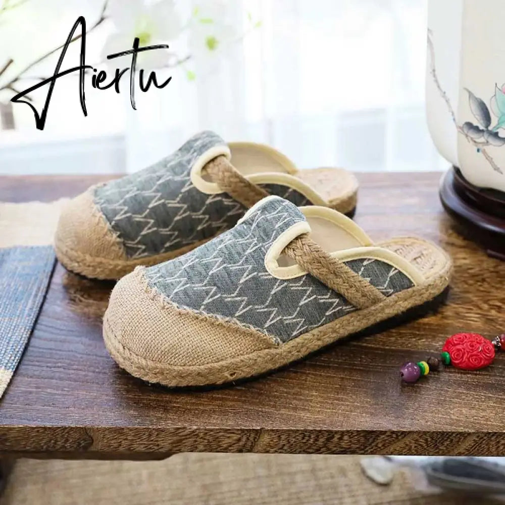 Aiertu   Rope Sole Women Handmade Canvas Close Toe Slippers Bohemian Ladies Casual Mule Espadrilles Summer Comfortable Flat Shoes Aiertu
