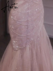 Aiertu Rose Pink Mermaid Evening Dresses Pleat Asymmetry Chain Shiny Sequined Long Slim Fairy French Celebrity Prom Party Gowns Woman Aiertu