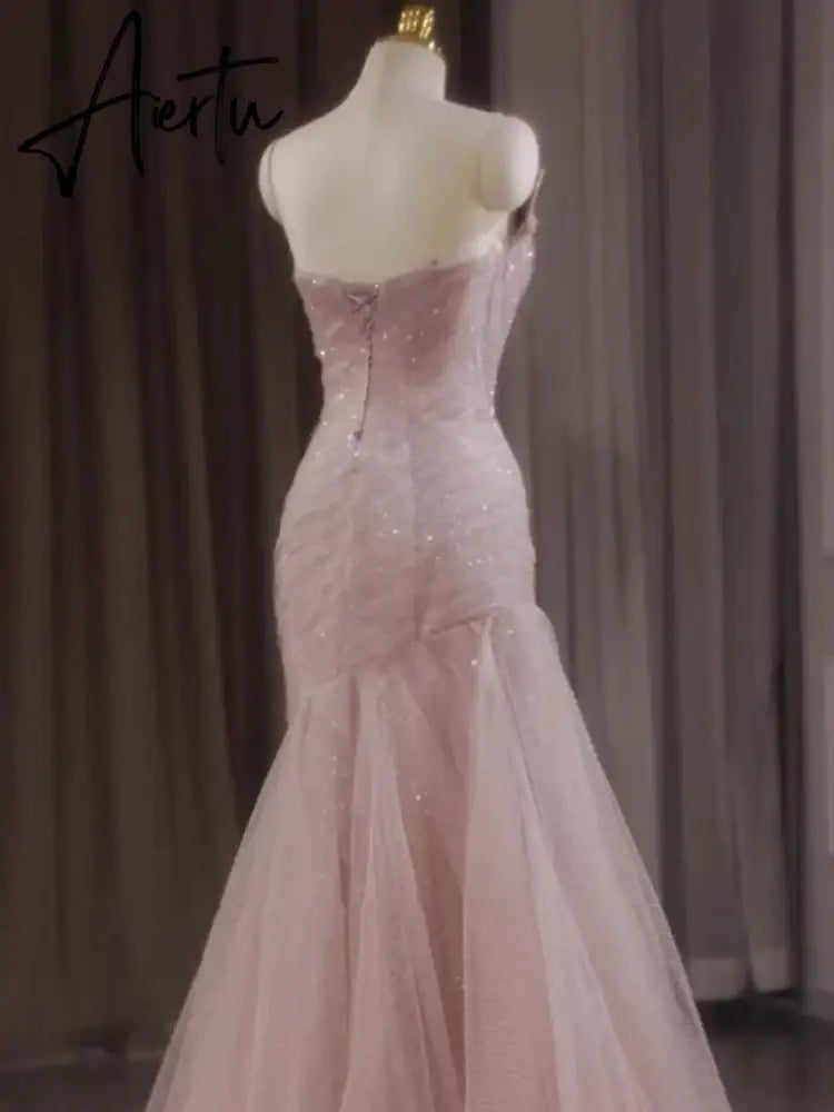 Aiertu Rose Pink Mermaid Evening Dresses Pleat Asymmetry Chain Shiny Sequined Long Slim Fairy French Celebrity Prom Party Gowns Woman Aiertu