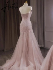 Aiertu Rose Pink Mermaid Evening Dresses Pleat Asymmetry Chain Shiny Sequined Long Slim Fairy French Celebrity Prom Party Gowns Woman Aiertu