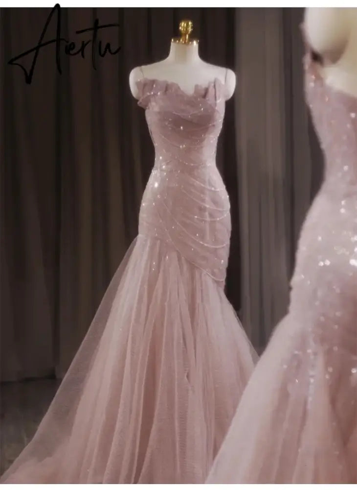 Aiertu Rose Pink Mermaid Evening Dresses Pleat Asymmetry Chain Shiny Sequined Long Slim Fairy French Celebrity Prom Party Gowns Woman Aiertu