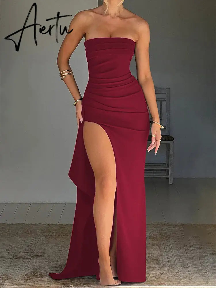 Aiertu  Ruffles High Split Nightclub Sexy Party Dress Women Slim Bodycon  Summer Dress Elegant Maxi Long Dresses Aiertu