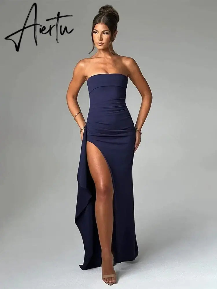 Aiertu  Ruffles High Split Nightclub Sexy Party Dress Women Slim Bodycon  Summer Dress Elegant Maxi Long Dresses Aiertu