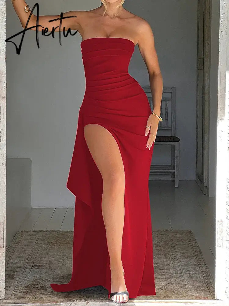 Aiertu  Ruffles High Split Nightclub Sexy Party Dress Women Slim Bodycon  Summer Dress Elegant Maxi Long Dresses Aiertu
