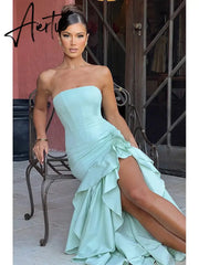 Aiertu  Ruffles High Split Nightclub Sexy Party Dress Women Slim Bodycon  Summer Dress Elegant Maxi Long Dresses Aiertu