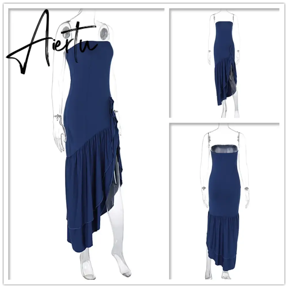 Aiertu  Ruffles High Split Nightclub Sexy Party Dress Women Slim Bodycon  Summer Dress Elegant Maxi Long Dresses Aiertu