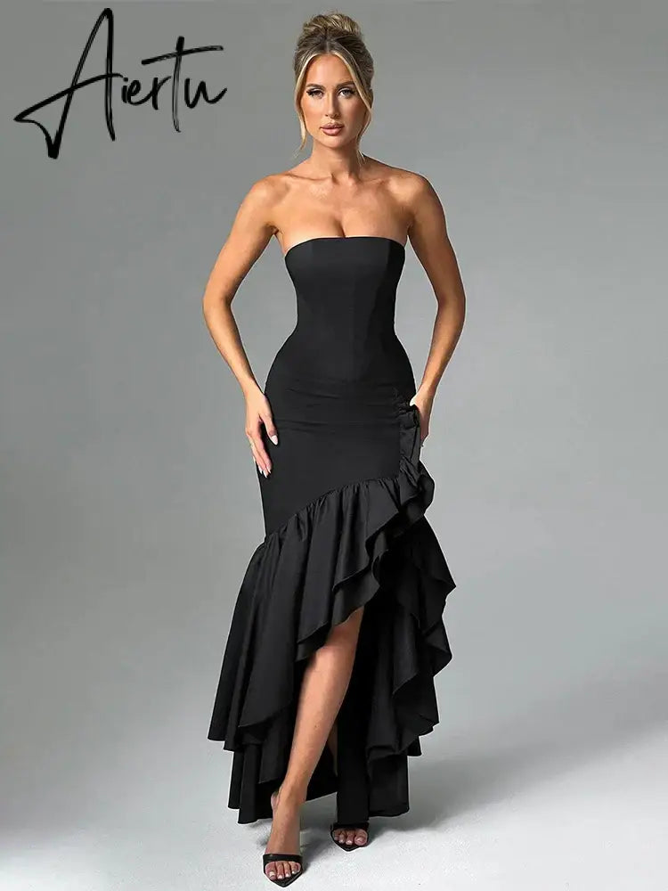 Aiertu  Ruffles High Split Nightclub Sexy Party Dress Women Slim Bodycon  Summer Dress Elegant Maxi Long Dresses Aiertu