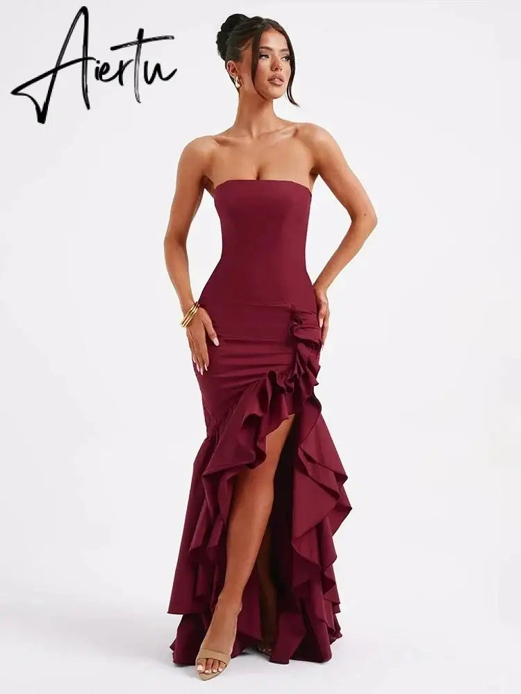 Aiertu  Ruffles High Split Nightclub Sexy Party Dress Women Slim Bodycon  Summer Dress Elegant Maxi Long Dresses Aiertu