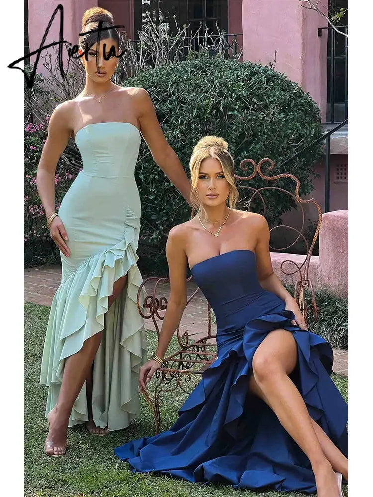 Aiertu  Ruffles High Split Nightclub Sexy Party Dress Women Slim Bodycon  Summer Dress Elegant Maxi Long Dresses Aiertu