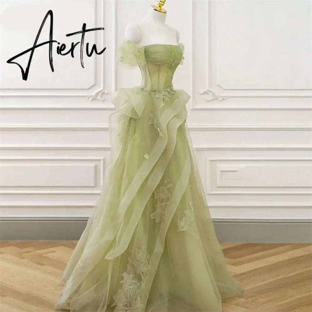 Aiertu  Sage Green Prom Dress Appliques Tulle Celebrity Dresses Tiered Pleat Women's Evening Dress Sweetheart Formal Gown Aiertu