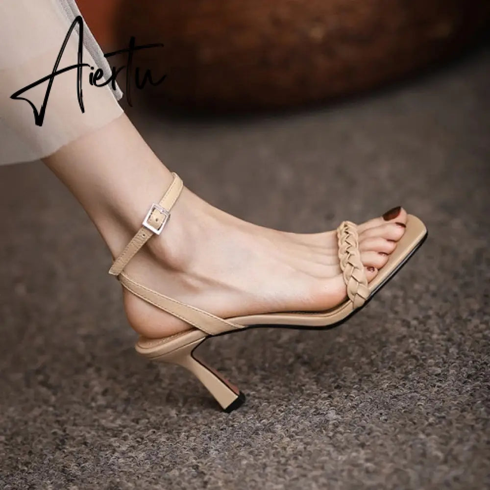 Aiertu Sandals Summer New Fashion Women Party Shoes Beige Nude Stiletto Heels Open Toe Low Heels Sandals Lady Sandals Aiertu