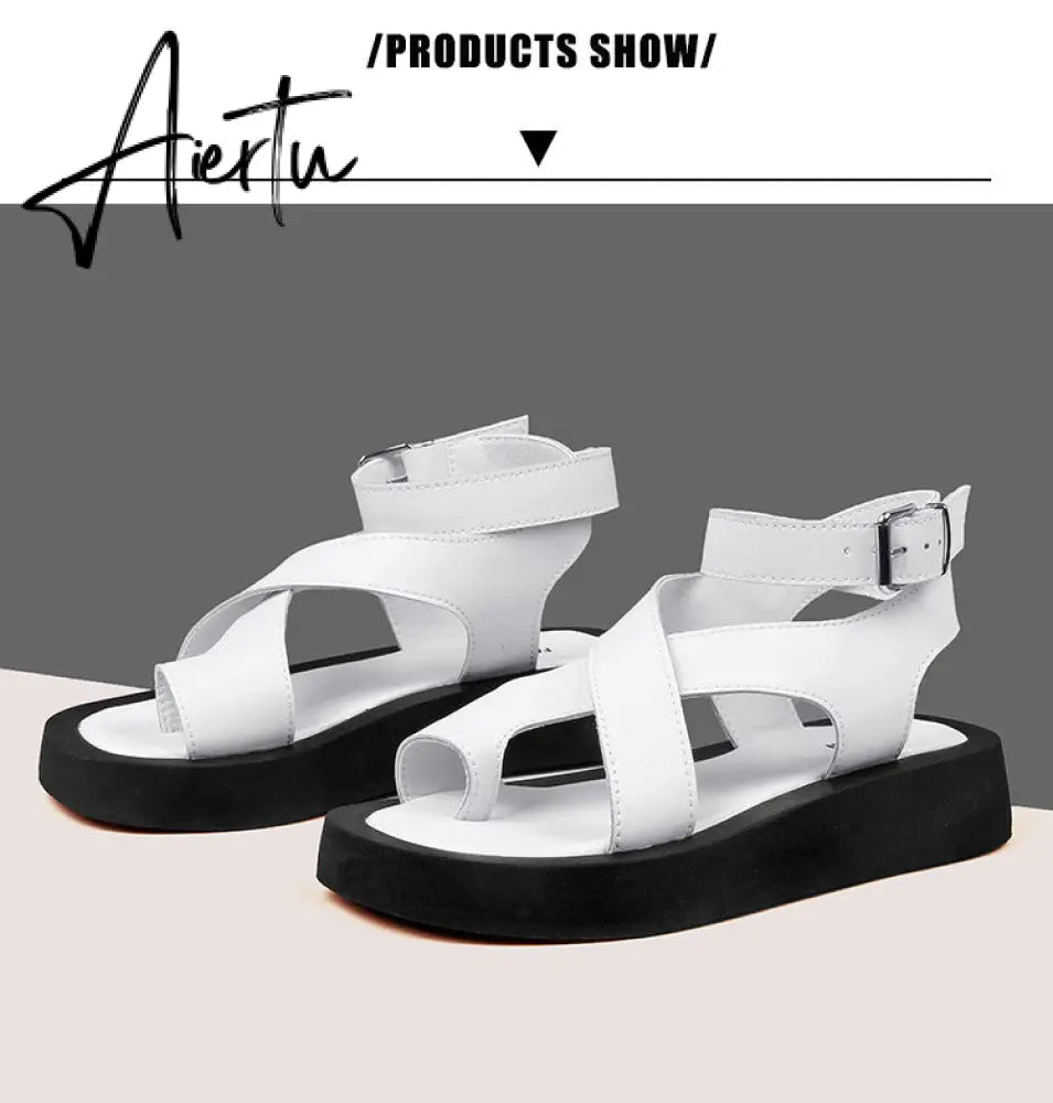 Aiertu Sandals Women Genuine Leather Summer New Clip Toe Sandals Ladies Roman Women Shoes Muffin Sandals Aiertu