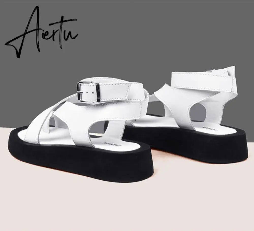 Aiertu Sandals Women Genuine Leather Summer New Clip Toe Sandals Ladies Roman Women Shoes Muffin Sandals Aiertu