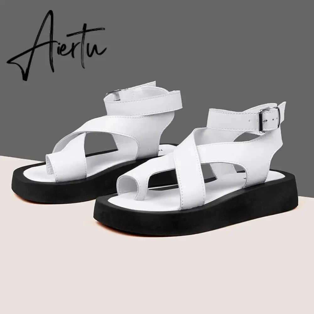 Aiertu Sandals Women Genuine Leather Summer New Clip Toe Sandals Ladies Roman Women Shoes Muffin Sandals Aiertu