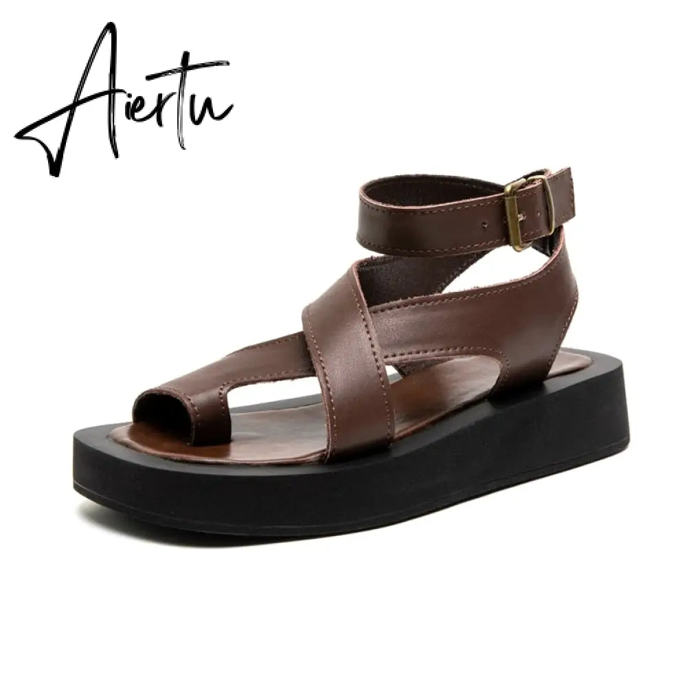 Aiertu Sandals Women Genuine Leather Summer New Clip Toe Sandals Ladies Roman Women Shoes Muffin Sandals Aiertu