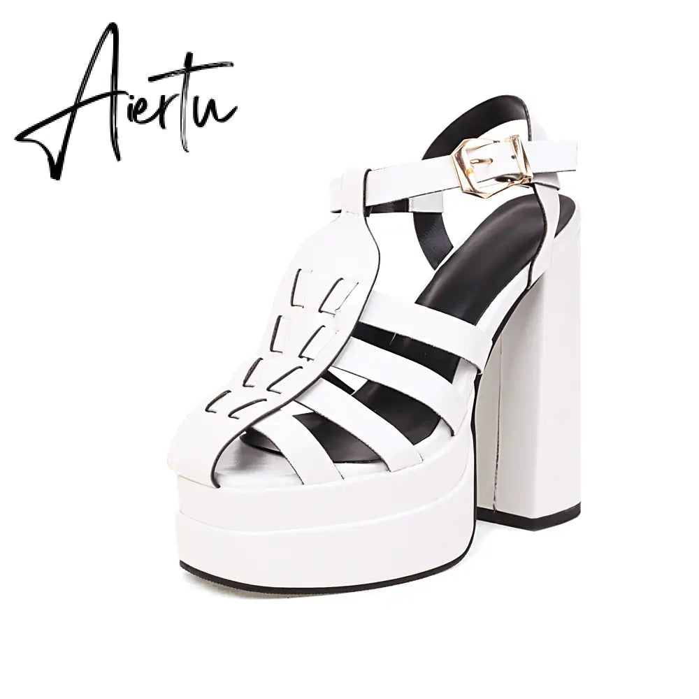 Aiertu   Sandals Women Summer Platform High Heels Weaved PU Leather Buckle Strap Black Red Women Pump Shoes sandalias mujer verano Aiertu