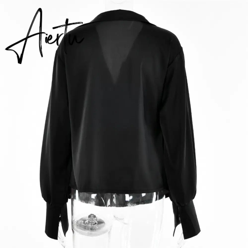 Aiertu Satin Sexy V Neck Office Women Blouses White Long Sleeve Solid Casual Blouses Women Spring Summer Loose Female Party Top Aiertu