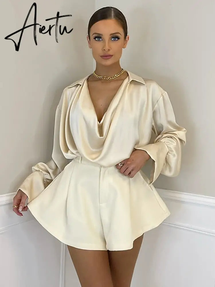 Aiertu Satin Sexy V Neck Office Women Blouses White Long Sleeve Solid Casual Blouses Women Spring Summer Loose Female Party Top Aiertu