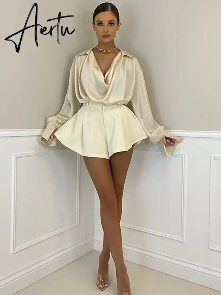 Aiertu Satin Sexy V Neck Office Women Blouses White Long Sleeve Solid Casual Blouses Women Spring Summer Loose Female Party Top Aiertu