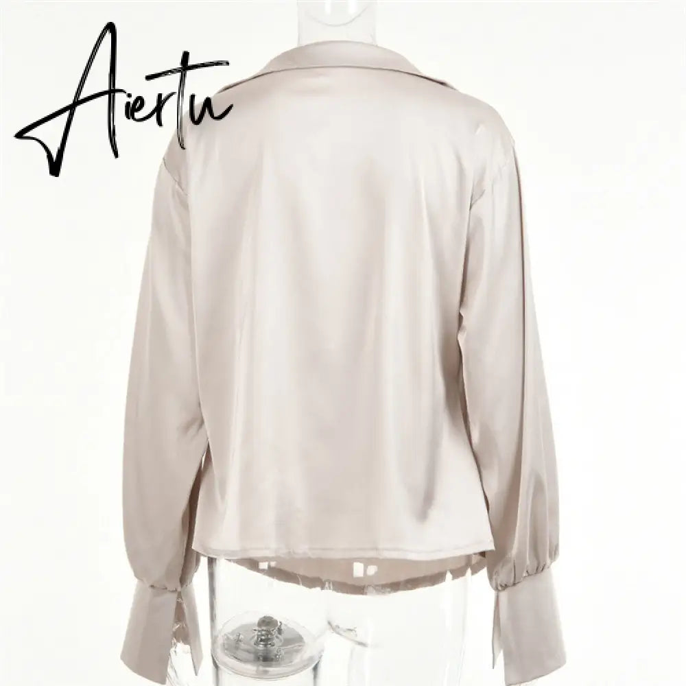 Aiertu Satin Sexy V Neck Office Women Blouses White Long Sleeve Solid Casual Blouses Women Spring Summer Loose Female Party Top Aiertu