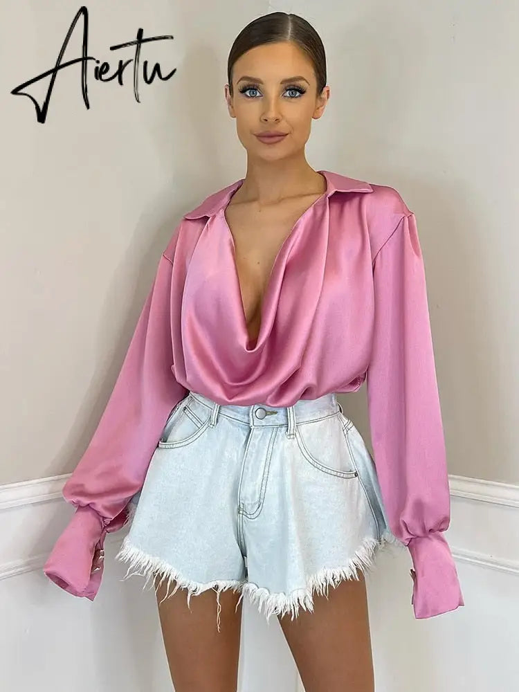 Aiertu Satin Sexy V Neck Office Women Blouses White Long Sleeve Solid Casual Blouses Women Spring Summer Loose Female Party Top Aiertu