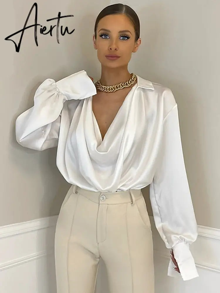 Aiertu Satin Sexy V Neck Office Women Blouses White Long Sleeve Solid Casual Blouses Women Spring Summer Loose Female Party Top Aiertu