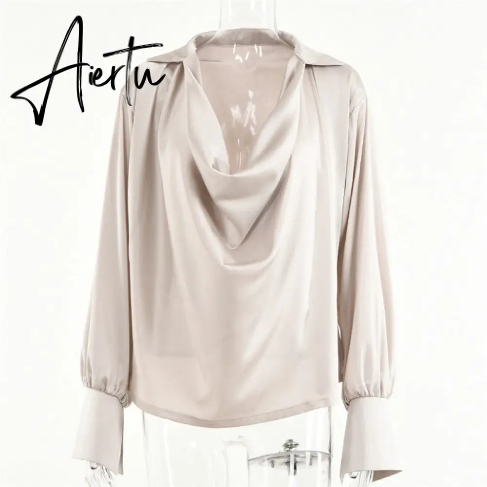 Aiertu Satin Sexy V Neck Office Women Blouses White Long Sleeve Solid Casual Blouses Women Spring Summer Loose Female Party Top Aiertu