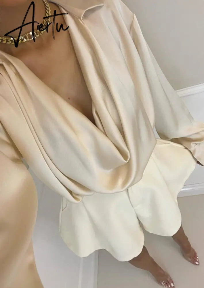 Aiertu Satin Sexy V Neck Office Women Blouses White Long Sleeve Solid Casual Blouses Women Spring Summer Loose Female Party Top Aiertu