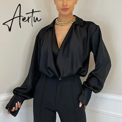 Aiertu Satin Sexy V Neck Office Women Blouses White Long Sleeve Solid Casual Blouses Women Spring Summer Loose Female Party Top Aiertu