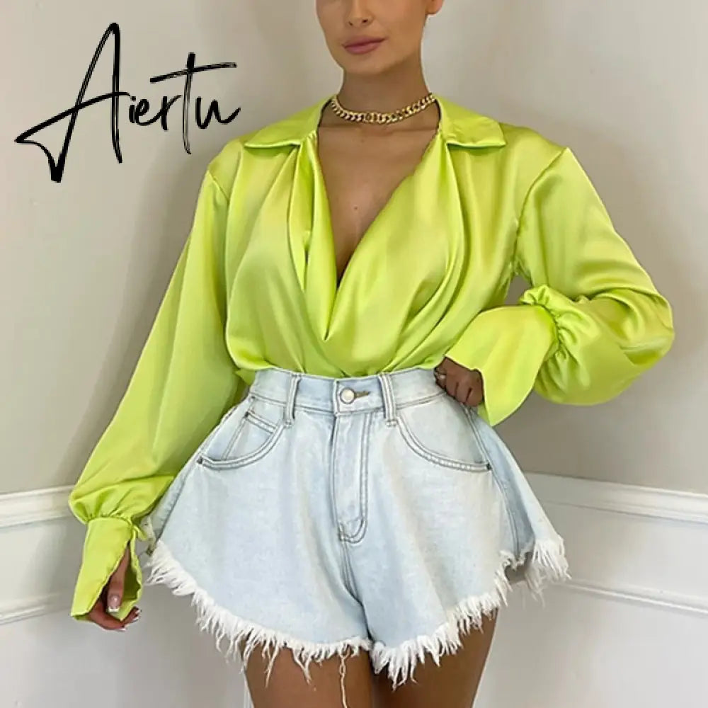 Aiertu Satin Sexy V Neck Office Women Blouses White Long Sleeve Solid Casual Blouses Women Spring Summer Loose Female Party Top Aiertu