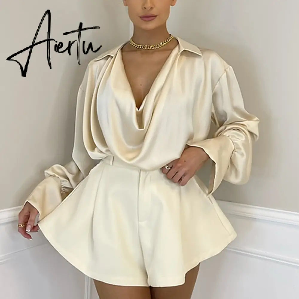Aiertu Satin Sexy V Neck Office Women Blouses White Long Sleeve Solid Casual Blouses Women Spring Summer Loose Female Party Top Aiertu