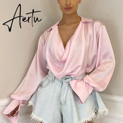Aiertu Satin Sexy V Neck Office Women Blouses White Long Sleeve Solid Casual Blouses Women Spring Summer Loose Female Party Top Aiertu