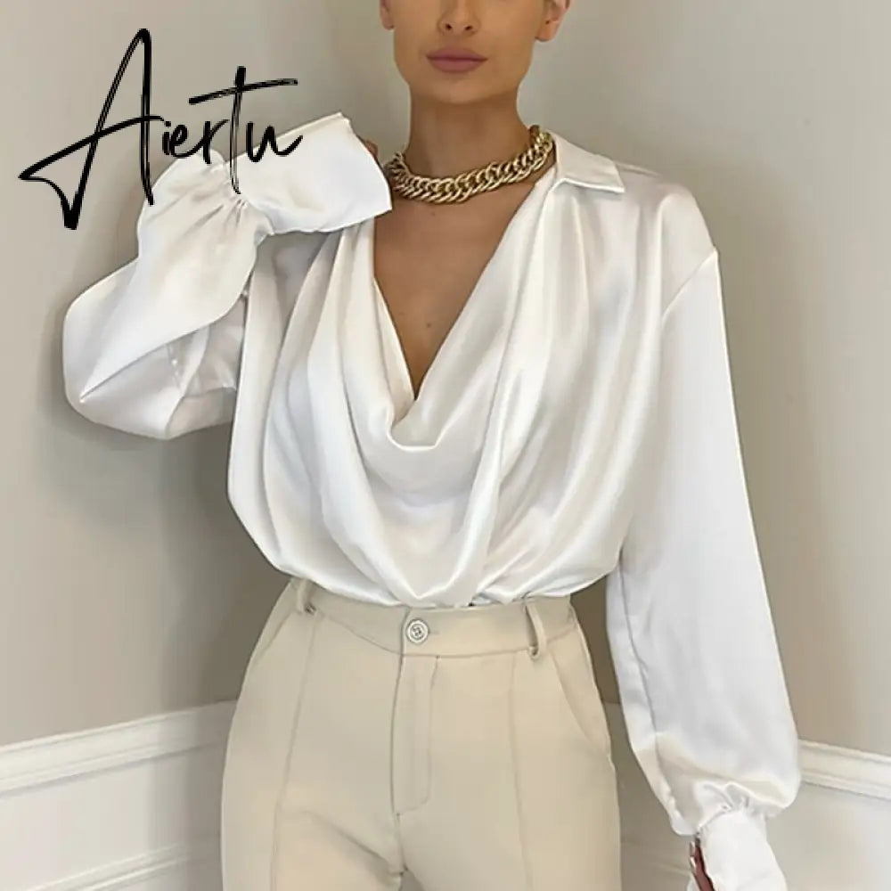 Aiertu Satin Sexy V Neck Office Women Blouses White Long Sleeve Solid Casual Blouses Women Spring Summer Loose Female Party Top Aiertu