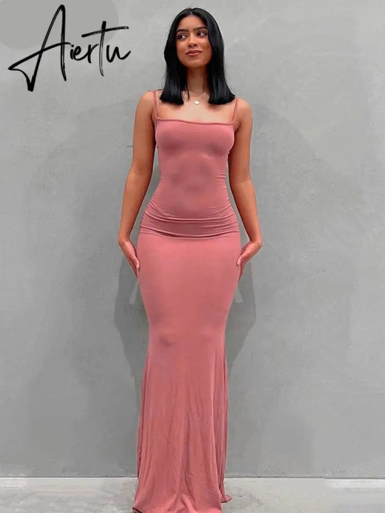 Aiertu  Satin Slip Sleeveless Backless Slim Sexy Maxi Dress Spring Women  Party Y2K Concise Bodycon Elegant  Clothing Aiertu