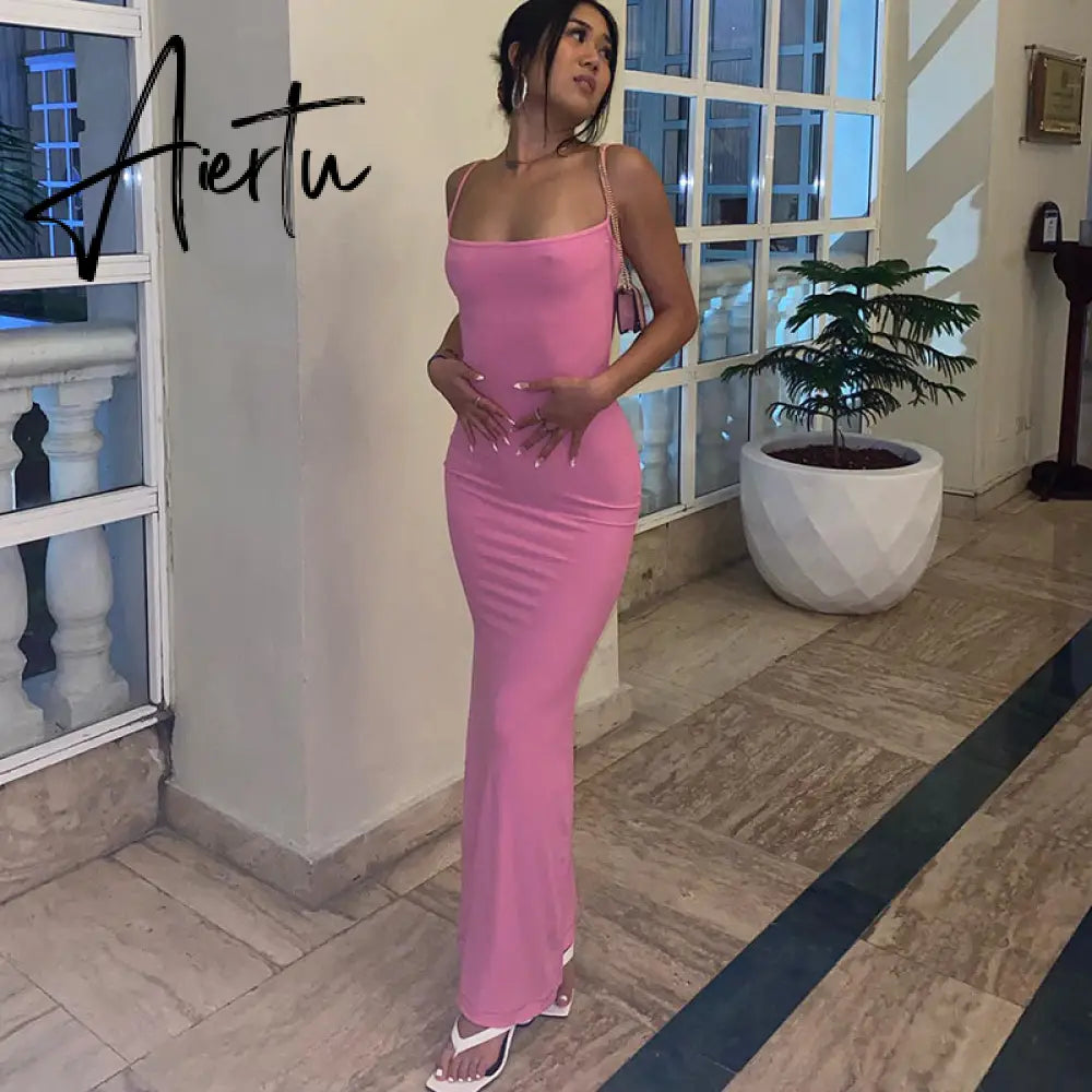 Aiertu  Satin Slip Sleeveless Backless Slim Sexy Maxi Dress Spring Women  Party Y2K Concise Bodycon Elegant  Clothing Aiertu