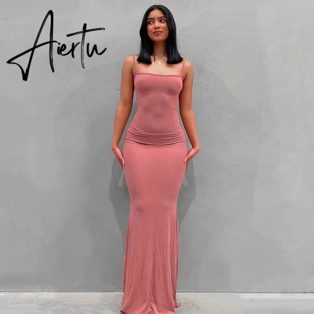Aiertu  Satin Slip Sleeveless Backless Slim Sexy Maxi Dress Spring Women  Party Y2K Concise Bodycon Elegant  Clothing Aiertu