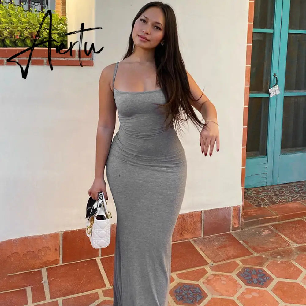 Aiertu  Satin Slip Sleeveless Backless Slim Sexy Maxi Dress Spring Women  Party Y2K Concise Bodycon Elegant  Clothing Aiertu