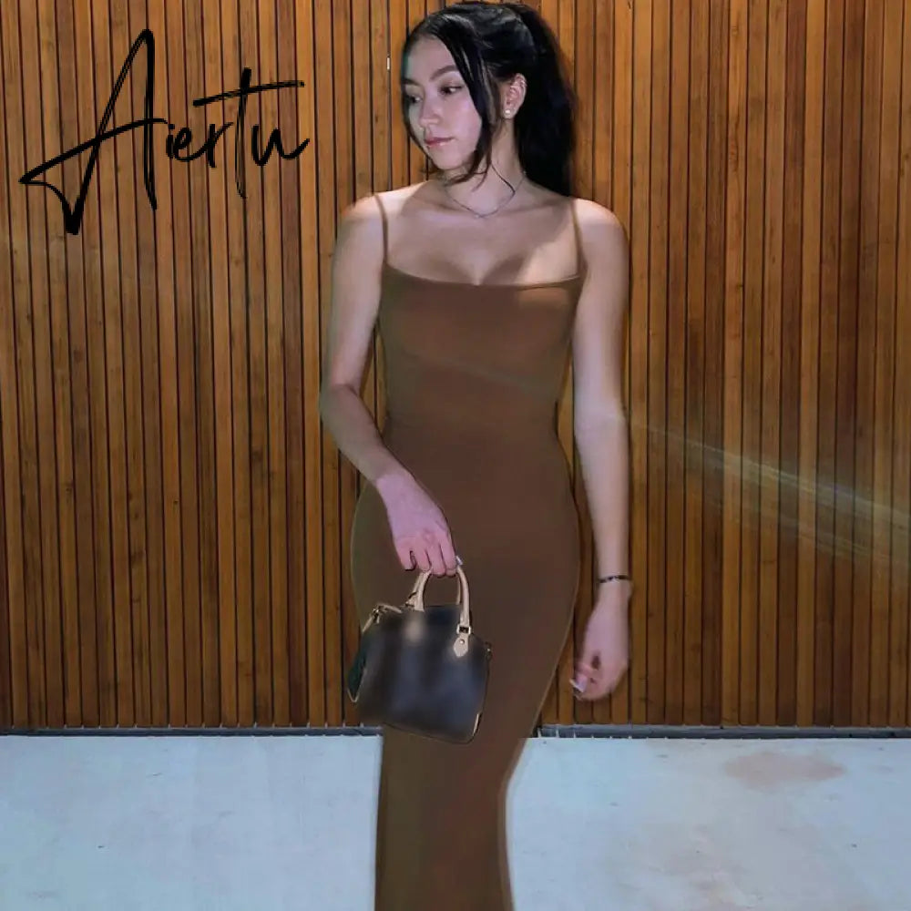 Aiertu  Satin Slip Sleeveless Backless Slim Sexy Maxi Dress Spring Women  Party Y2K Concise Bodycon Elegant  Clothing Aiertu