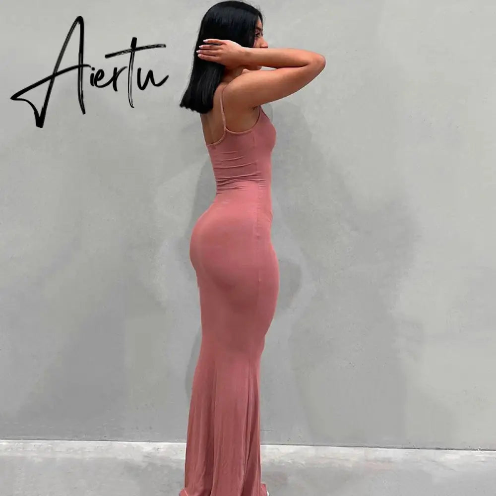 Aiertu  Satin Slip Sleeveless Backless Slim Sexy Maxi Dress Spring Women  Party Y2K Concise Bodycon Elegant  Clothing Aiertu