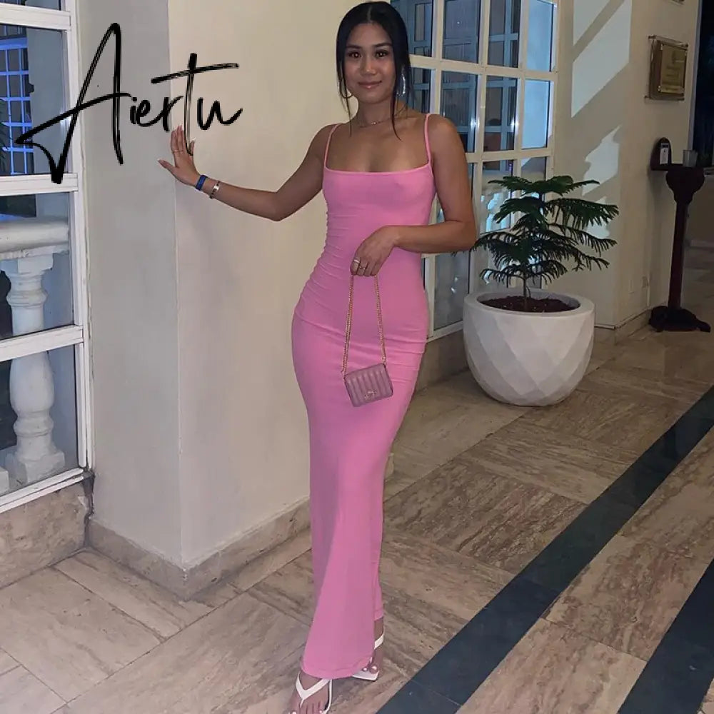 Aiertu  Satin Slip Sleeveless Backless Slim Sexy Maxi Dress Spring Women  Party Y2K Concise Bodycon Elegant  Clothing Aiertu