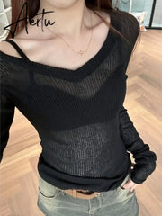 Aiertu See Through V Neck Grunge Women T-shirt Casual Vintage Slim Knitted Tshirts Long Sleeve Y2k Aesthetic Fashion Tshirts Japanese Aiertu
