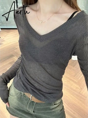 Aiertu See Through V Neck Grunge Women T-shirt Casual Vintage Slim Knitted Tshirts Long Sleeve Y2k Aesthetic Fashion Tshirts Japanese Aiertu