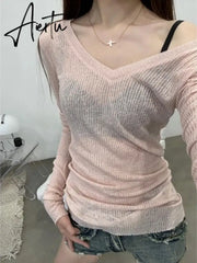 Aiertu See Through V Neck Grunge Women T-shirt Casual Vintage Slim Knitted Tshirts Long Sleeve Y2k Aesthetic Fashion Tshirts Japanese Aiertu