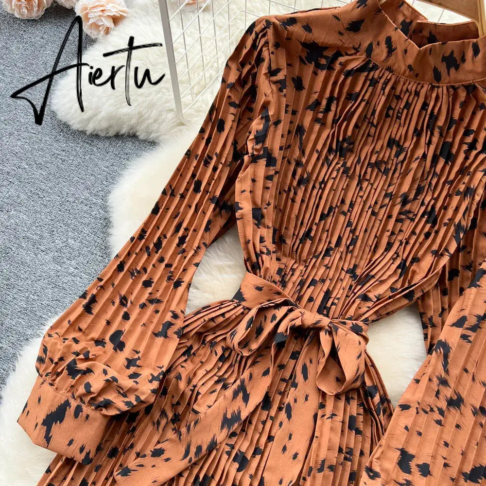 Aiertu Senior  French Retro Dress Turtleneck Long Lantern Sleeves Belt Pleated Women Streetwear Elegant Party Vintage Dress Aiertu